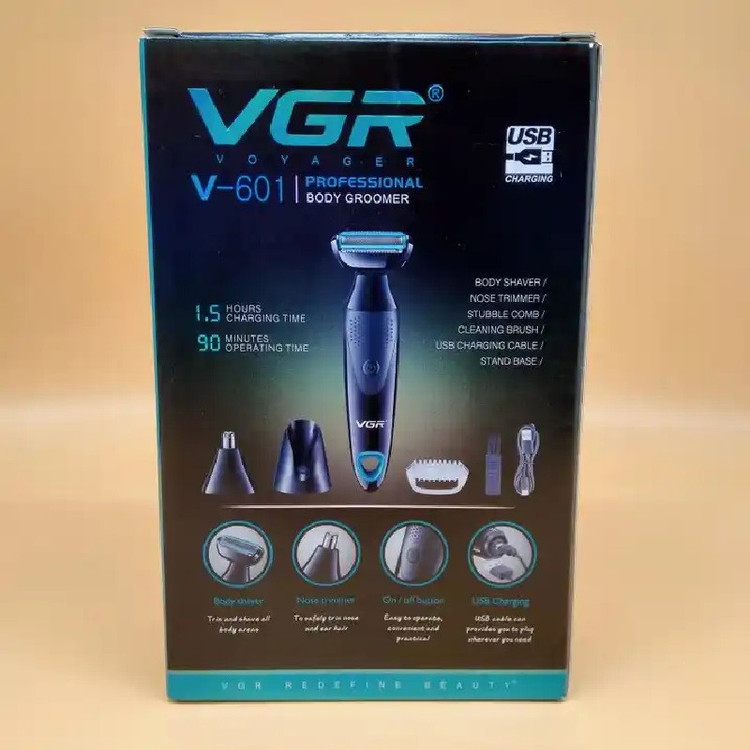 ماشین اصلاح موی صورت و بدن وی جی ار مدل V-601 با تیغه استیل ضدزنگ، قابلیت تنظیم سرعت، منبع انرژی باتری قابل شارژ، اصلاح چرخشی و خط زن، ضدآب با گواهی IPX4