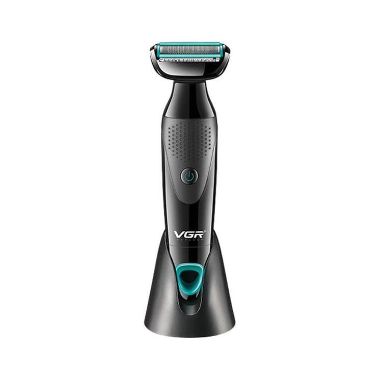 ماشین اصلاح موی صورت و بدن وی جی ار مدل V-601 با تیغه استیل ضدزنگ، قابلیت تنظیم سرعت، منبع انرژی باتری قابل شارژ، اصلاح چرخشی و خط زن، ضدآب با گواهی IPX4