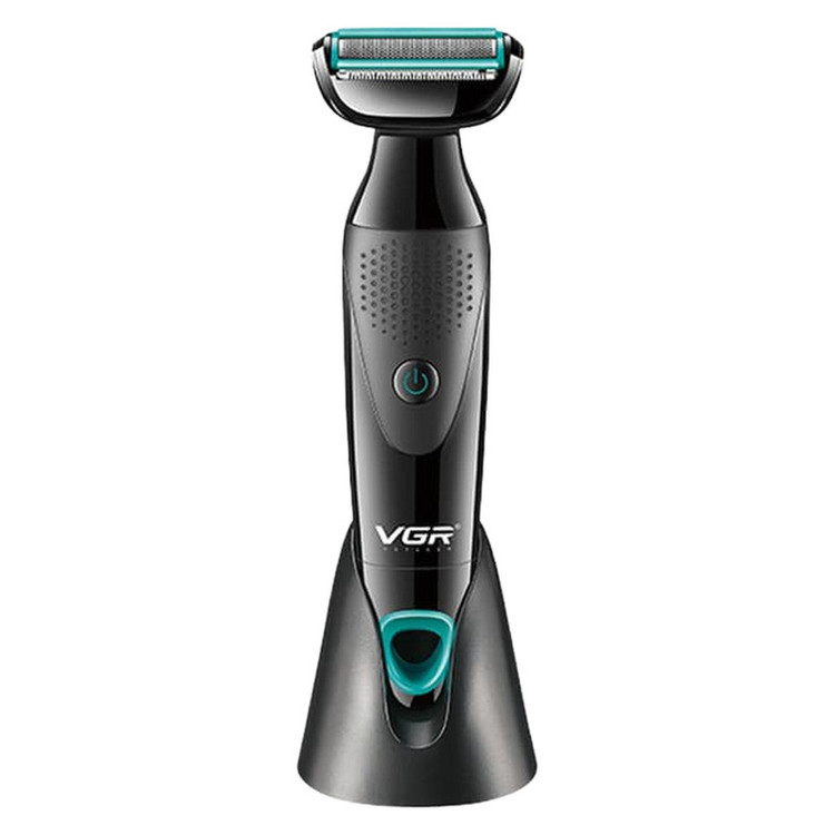 ماشین اصلاح موی صورت و بدن وی جی ار مدل V-601 با تیغه استیل ضدزنگ، قابلیت تنظیم سرعت، منبع انرژی باتری قابل شارژ، اصلاح چرخشی و خط زن، ضدآب با گواهی IPX4