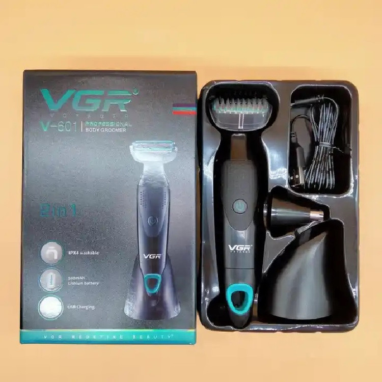 ماشین اصلاح موی صورت و بدن وی جی ار مدل V-601 با تیغه استیل ضدزنگ، قابلیت تنظیم سرعت، منبع انرژی باتری قابل شارژ، اصلاح چرخشی و خط زن، ضدآب با گواهی IPX4