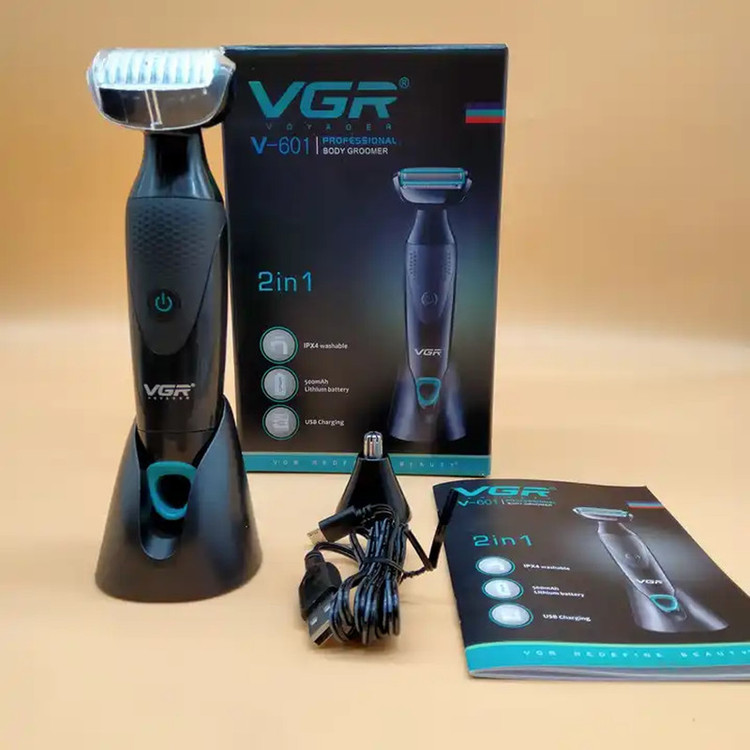 ماشین اصلاح موی صورت و بدن وی جی ار مدل V-601 با تیغه استیل ضدزنگ، قابلیت تنظیم سرعت، منبع انرژی باتری قابل شارژ، اصلاح چرخشی و خط زن، ضدآب با گواهی IPX4