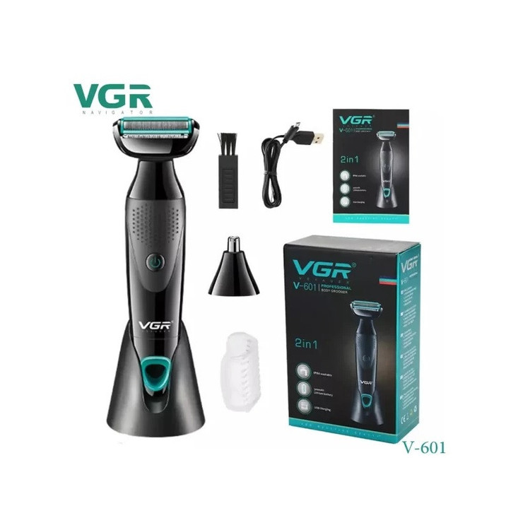ماشین اصلاح موی صورت و بدن وی جی ار مدل V-601 با تیغه استیل ضدزنگ، قابلیت تنظیم سرعت، منبع انرژی باتری قابل شارژ، اصلاح چرخشی و خط زن، ضدآب با گواهی IPX4