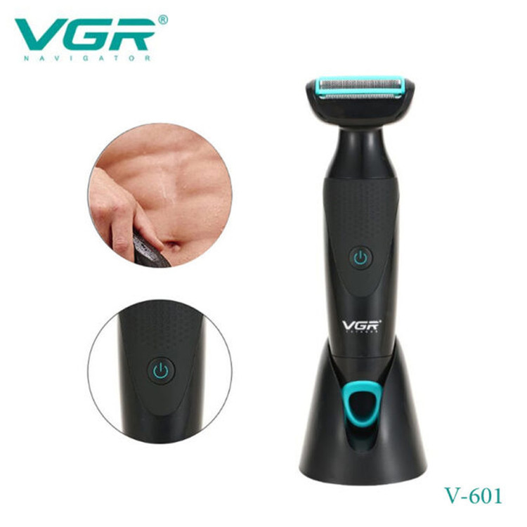 ماشین اصلاح موی صورت و بدن وی جی ار مدل V-601 با تیغه استیل ضدزنگ، قابلیت تنظیم سرعت، منبع انرژی باتری قابل شارژ، اصلاح چرخشی و خط زن، ضدآب با گواهی IPX4