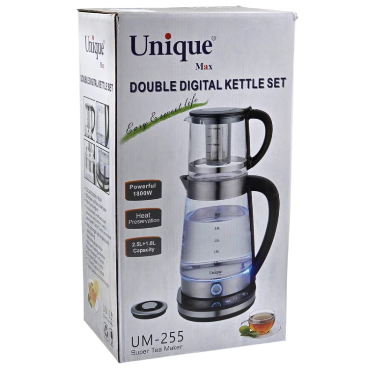 چای ساز یونیک مدل UM255 ظرفیت ۲.۵ لیتر با کتری پیرکس و پنل لمسی