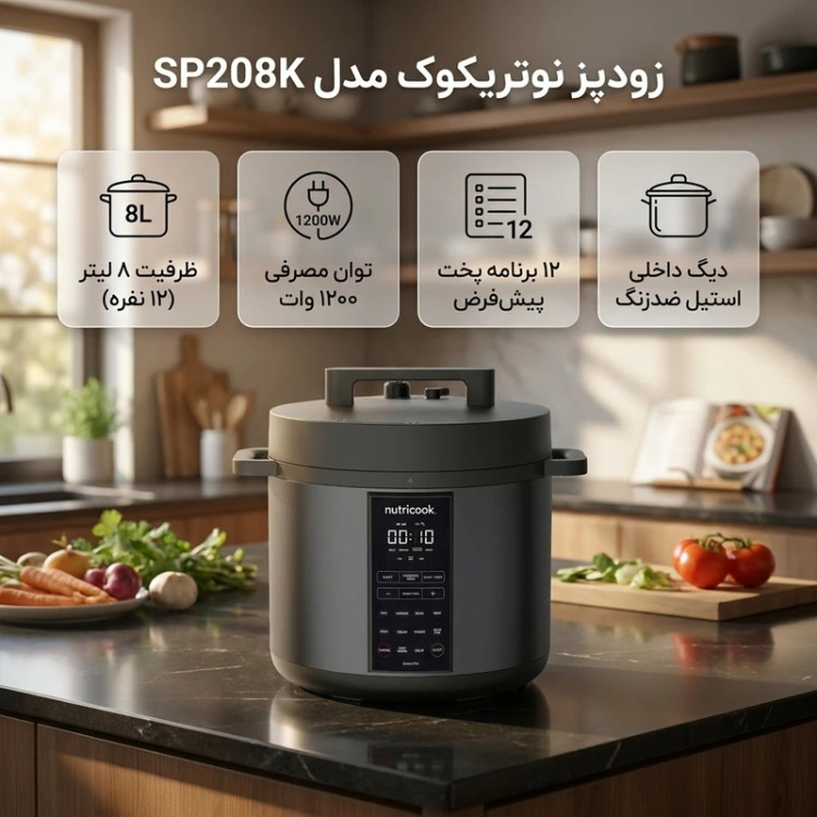 مولتی کوکر نوتریکوک مدل SP208K ظرفیت ۸ لیتر استیل ضد زنگ چند کاره