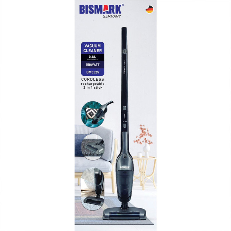 جارو شارژی عصایی بیسمارک مدل BM5525 با موتور 150 وات، باتری لیتیومی 22.2 ولت و ظرفیت مخزن 0.8 لیتر، قابلیت تبدیل به جارو دستی، فیلتر HEPA قابل شستشو و زمان کارکرد 45 دقیقه